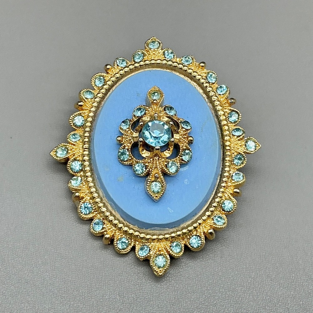 Vintage Brooch Pendant Blue Oval Aqua Rhinestone Gold Tone Victorian Revival